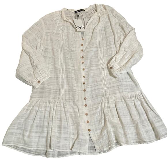 Zara Dresses & Skirts - NWT Zara Women White Sheer Long Sleeve Lightweight Dress Button SZ Medium
